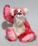 Ada is a sweet, pretty in pink, one of a kind, hand dyed mohair artist teddy bear by Barbara-Ann Bears, Ada stands 12 inches/30 cm tall She is made from hand dyed pink mohair, together with long fluffy white mohair, hand dyed velvet paw pads, hand painted eyes with eyelids, a beautifully embroidered nose and sweet smile