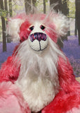 Ada is a sweet, pretty in pink, one of a kind, hand dyed mohair artist teddy bear by Barbara-Ann Bears, Ada stands 12 inches/30 cm tall She is made from hand dyed pink mohair, together with long fluffy white mohair, hand dyed velvet paw pads, hand painted eyes with eyelids, a beautifully embroidered nose and sweet smile