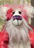 Ada is a sweet, pretty in pink, one of a kind, hand dyed mohair artist teddy bear by Barbara-Ann Bears, Ada stands 12 inches/30 cm tall She is made from hand dyed pink mohair, together with long fluffy white mohair, hand dyed velvet paw pads, hand painted eyes with eyelids, a beautifully embroidered nose and sweet smile
