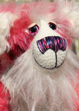 Ada is a sweet, pretty in pink, one of a kind, hand dyed mohair artist teddy bear by Barbara-Ann Bears, Ada stands 12 inches/30 cm tall She is made from hand dyed pink mohair, together with long fluffy white mohair, hand dyed velvet paw pads, hand painted eyes with eyelids, a beautifully embroidered nose and sweet smile