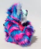 Agnes a huggable and colourful one of a kind artist bear in stunning blue, pink and purple faux fur and gorgeous fluffy turquoise mohair by Barbara-Ann Bears. 
Agnes stands 16 inches/40 cm tall