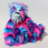 Agnes a huggable and colourful one of a kind artist bear in stunning blue, pink and purple faux fur and gorgeous fluffy turquoise mohair by Barbara-Ann Bears. 
Agnes stands 16 inches/40 cm tall