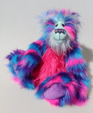 Agnes a huggable and colourful one of a kind artist bear in stunning blue, pink and purple faux fur and gorgeous fluffy turquoise mohair by Barbara-Ann Bears. 
Agnes stands 16 inches/40 cm tall