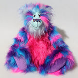 Agnes a huggable and colourful one of a kind artist bear in stunning blue, pink and purple faux fur and gorgeous fluffy turquoise mohair by Barbara-Ann Bears. 
Agnes stands 16 inches/40 cm tall