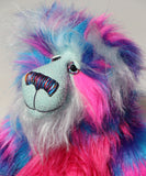 Agnes a huggable and colourful one of a kind artist bear in stunning blue, pink and purple faux fur and gorgeous fluffy turquoise mohair by Barbara-Ann Bears. 
Agnes stands 16 inches/40 cm tall