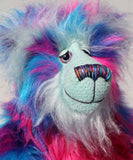 Agnes a huggable and colourful one of a kind artist bear in stunning blue, pink and purple faux fur and gorgeous fluffy turquoise mohair by Barbara-Ann Bears. 
Agnes stands 16 inches/40 cm tall