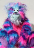 Agnes a huggable and colourful one of a kind artist bear in stunning blue, pink and purple faux fur and gorgeous fluffy turquoise mohair by Barbara-Ann Bears. 
Agnes stands 16 inches/40 cm tall