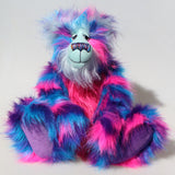 Agnes a huggable and colourful one of a kind artist bear in stunning blue, pink and purple faux fur and gorgeous fluffy turquoise mohair by Barbara-Ann Bears. 
Agnes stands 16 inches/40 cm tall