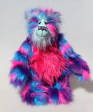 Agnes a huggable and colourful one of a kind artist bear in stunning blue, pink and purple faux fur and gorgeous fluffy turquoise mohair by Barbara-Ann Bears. 
Agnes stands 16 inches/40 cm tall