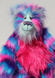 Agnes a huggable and colourful one of a kind artist bear in stunning blue, pink and purple faux fur and gorgeous fluffy turquoise mohair by Barbara-Ann Bears. 
Agnes stands 16 inches/40 cm tall