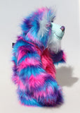Agnes a huggable and colourful one of a kind artist bear in stunning blue, pink and purple faux fur and gorgeous fluffy turquoise mohair by Barbara-Ann Bears. 
Agnes stands 16 inches/40 cm tall