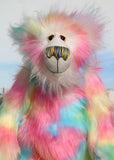 Celeste a sweet and colourful one of a kind artist bear in stunning faux fur and gorgeous fluffy mohair by Barbara-Ann Bears, she stands 15 inches/37 cm tall. she is made from a long faux fur in blue, pink, yellow, lime and lilac with, long fluffy white mohair, large hand painted eyes with eyelids, a splendid nose and a huge, beaming smile.