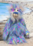Celeste a huggable and colourful one of a kind artist bear in stunning faux fur and gorgeous fluffy mohair by Barbara-Ann Bears, she stands 18 inches/46 cm tall. Se is made from a long faux fur in blue, pink and yellow with, long fluffy white mohair, large hand painted eyes with eyelids, a splendid nose and a huge, beaming smile.