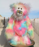 Celeste a sweet and colourful one of a kind artist bear in stunning faux fur and gorgeous fluffy mohair by Barbara-Ann Bears, she stands 15 inches/37 cm tall. she is made from a long faux fur in blue, pink, yellow, lime and lilac with, long fluffy white mohair, large hand painted eyes with eyelids, a splendid nose and a huge, beaming smile.