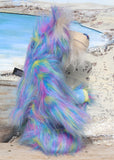 Celeste a huggable and colourful one of a kind artist bear in stunning faux fur and gorgeous fluffy mohair by Barbara-Ann Bears, she stands 18 inches/46 cm tall. Se is made from a long faux fur in blue, pink and yellow with, long fluffy white mohair, large hand painted eyes with eyelids, a splendid nose and a huge, beaming smile.