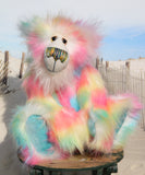 Celeste a sweet and colourful one of a kind artist bear in stunning faux fur and gorgeous fluffy mohair by Barbara-Ann Bears, she stands 15 inches/37 cm tall. she is made from a long faux fur in blue, pink, yellow, lime and lilac with, long fluffy white mohair, large hand painted eyes with eyelids, a splendid nose and a huge, beaming smile.