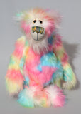 Celeste a sweet and colourful one of a kind artist bear in stunning faux fur and gorgeous fluffy mohair by Barbara-Ann Bears, she stands 15 inches/37 cm tall. she is made from a long faux fur in blue, pink, yellow, lime and lilac with, long fluffy white mohair, large hand painted eyes with eyelids, a splendid nose and a huge, beaming smile.