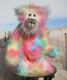 Celeste a sweet and colourful one of a kind artist bear in stunning faux fur and gorgeous fluffy mohair by Barbara-Ann Bears, she stands 15 inches/37 cm tall. she is made from a long faux fur in blue, pink, yellow, lime and lilac with, long fluffy white mohair, large hand painted eyes with eyelids, a splendid nose and a huge, beaming smile.