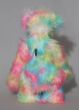 Celeste a sweet and colourful one of a kind artist bear in stunning faux fur and gorgeous fluffy mohair by Barbara-Ann Bears, she stands 15 inches/37 cm tall. she is made from a long faux fur in blue, pink, yellow, lime and lilac with, long fluffy white mohair, large hand painted eyes with eyelids, a splendid nose and a huge, beaming smile.