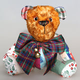 Chuffy Jingles is a very happy and friendly, one of a kind, artist teddy bear made from beautiful Christmassy fabric and vintage copper crushed velvet by Barbara Ann Bears,  he is 8 inches/20 cm tall. Chuffy Jingles is made from 10 pieces of different printed cotton Christmas fabrics and vintage, copper crushed velvet. Chuffy Jingles has beautiful hand painted eyes, a splendid carefully embroidered little nose and a very cheerful and hopeful expression