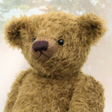 Close-up of a brownish-green teddy bear with a blurred light background