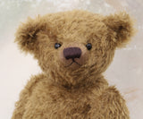 Close-up of a brownish-green teddy bear with a soft focus background