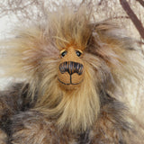 Cyrus's face, showing his beautiful golden mohair, hand painted eyes, wonderful nose and sweet smile. Cyrus Goldcloud is an endearingly sweet one of a kind, artist bear by Barbara-Ann Bears in wonderfully fluffy mohair and faux fur he stands 12 inches/30 cm tall