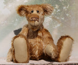 Fingal is quite a large and comical, one of a kind, artist bear by Barbara-Ann Bears in wonderful batik German mohair, he stands 20.5 inches/ 52cm tall and is 15 inches/38 cm sitting. Fingal is made from batik mohair in bands and patches of coffee and beige with greyish beige German wool felt paw pads, beautiful hand painted glass eyes with hand coloured eyelids, an impressive and wonderfully embroidered nose and an engaging smile.