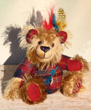 Magnus the Haggis Charmer is an extremely lovable, sweet and happy one of a kind artist bear made from beautiful batik mohair and tartan fabric by Barbara Ann Bears, he stands just 8 inches (20 cm) tall. Magnus is mainly made from a stylish woollen tartan together with a shaggy coffee and beige coloured batik mohair