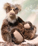 Jefferson Spruce is a very shaggy, wild and wonderful, one of a kind, artist teddy bear in beautiful Tissavel faux fur & fluffy mohair by Barbara-Ann Bears, he stands 19.5 inches/50 cm tall. Jefferson Spruce is made from brown faux fur and very long and fluffy beige mohair, with beige wool felt paws, hand painted eyes and eyelids, a wonderful nose and sweet soulful smile