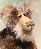 Jefferson Spruce is a very shaggy, wild and wonderful, one of a kind, artist teddy bear in beautiful Tissavel faux fur & fluffy mohair by Barbara-Ann Bears, he stands 19.5 inches/50 cm tall. Jefferson Spruce is made from brown faux fur and very long and fluffy beige mohair, with beige wool felt paws, hand painted eyes and eyelids, a wonderful nose and sweet soulful smile