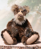 Jefferson Spruce is a very shaggy, wild and wonderful, one of a kind, artist teddy bear in beautiful Tissavel faux fur & fluffy mohair by Barbara-Ann Bears, he stands 19.5 inches/50 cm tall. Jefferson Spruce is made from brown faux fur and very long and fluffy beige mohair, with beige wool felt paws, hand painted eyes and eyelids, a wonderful nose and sweet soulful smile