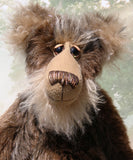 Jefferson Spruce is a very shaggy, wild and wonderful, one of a kind, artist teddy bear in beautiful Tissavel faux fur & fluffy mohair by Barbara-Ann Bears, he stands 19.5 inches/50 cm tall. Jefferson Spruce is made from brown faux fur and very long and fluffy beige mohair, with beige wool felt paws, hand painted eyes and eyelids, a wonderful nose and sweet soulful smile