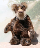 Jefferson Spruce is a very shaggy, wild and wonderful, one of a kind, artist teddy bear in beautiful Tissavel faux fur & fluffy mohair by Barbara-Ann Bears, he stands 19.5 inches/50 cm tall. Jefferson Spruce is made from brown faux fur and very long and fluffy beige mohair, with beige wool felt paws, hand painted eyes and eyelids, a wonderful nose and sweet soulful smile