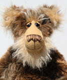 Jefferson Spruce is a very shaggy, wild and wonderful, one of a kind, artist teddy bear in beautiful Tissavel faux fur & fluffy mohair by Barbara-Ann Bears, he stands 19.5 inches/50 cm tall. Jefferson Spruce is made from brown faux fur and very long and fluffy beige mohair, with beige wool felt paws, hand painted eyes and eyelids, a wonderful nose and sweet soulful smile
