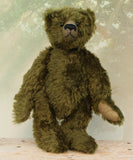 Kingsley Greenacre is a very sweet and cuddly one of a kind traditional artist teddy bear by Barbara Ann Bears in bottle green mohair he is 13 inches/33cm tall.  Kingsley Greenacre is made from a beautiful, distressed bottle green German mohair and he has German wool-felt paw pads that coordinate very well with his mohair. Kingsley has boot buttons for eyes, just like the really old teddy bears. He has a carefully embroidered nose and a sweet smile.