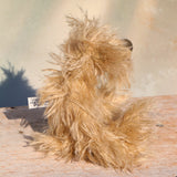 Plush teddy bear in profile with a blurred background