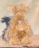 Textured beige teddy bear with an unsuitable for children under 14  label on a wooden surface
