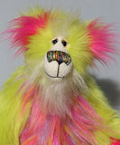 Leonardo is a flamboyant, fun-loving and comical, one of a kind, artist bear by Barbara-Ann Bears in luxurious mohair and rather wild lime faux fur, he stands 12 inches/30 cm tall Leonardo is made from lime faux fur, with a very long faux fur in pink, greyish blue and gold, a bright cerise faux fur and long and fluffy white mohair.His paws are cerise wool felt.  Leonardo has beautiful hand painted glass eyes with eyelids, a wonderfully embroidered nose and he has a huge beaming smile.