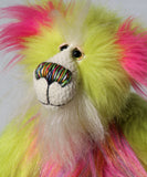 Leonardo is a flamboyant, fun-loving and comical, one of a kind, artist bear by Barbara-Ann Bears in luxurious mohair and rather wild lime faux fur, he stands 12 inches/30 cm tall Leonardo is made from lime faux fur, with a very long faux fur in pink, greyish blue and gold, a bright cerise faux fur and long and fluffy white mohair.His paws are cerise wool felt.  Leonardo has beautiful hand painted glass eyes with eyelids, a wonderfully embroidered nose and he has a huge beaming smile.