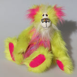 Leonardo is a flamboyant, fun-loving and comical, one of a kind, artist bear by Barbara-Ann Bears in luxurious mohair and rather wild lime faux fur, he stands 12 inches/30 cm tall Leonardo is made from lime faux fur, with a very long faux fur in pink, greyish blue and gold, a bright cerise faux fur and long and fluffy white mohair.His paws are cerise wool felt.  Leonardo has beautiful hand painted glass eyes with eyelids, a wonderfully embroidered nose and he has a huge beaming smile.
