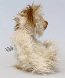 Lumbley is an endearingly sweet and gentle, beautifully coloured, one of a kind,  artist bear by Barbara-Ann Bears, Lumbley stands 10 inches/ 25 cm tall. e's made from cream coloured mohair which has a pale tan backcloth and he has a little mohawk on his head and fluffy ears.