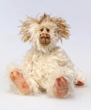 Lumbley is an endearingly sweet and gentle, beautifully coloured, one of a kind,  artist bear by Barbara-Ann Bears, Lumbley stands 10 inches/ 25 cm tall. e's made from cream coloured mohair which has a pale tan backcloth and he has a little mohawk on his head and fluffy ears.