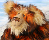 Marigold's face, close up. Showing her beautiful hand painted eyes, wonderful nose and sweet smile.
Marigold is a very large and beautifully coloured, one of a kind, artist bear by Barbara Ann Bears in luxurious fluffy black tipped orange faux fur and very long gold coloured mohair, she stands 24 inches/60 cm tall