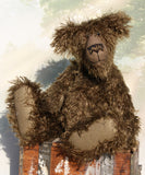 Murdo is a wild and handsome, one of a kind, artist bear by Barbara-Ann Bears in wonderful long and straggly mohair, he stands 18 inches/ 46cm tall.  Murdo is made from a long and wildly tousled, medium brown mohair, with hand painted glass eyes with eyelids, a wonderfully embroidered nose and an engaging smile.