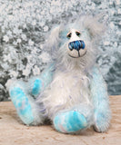 Perry is a gentle, happy teddy bear, a beautifully blue one of a kind, hand dyed mohair artist bear by Barbara-Ann Bears, he stands 9 inches/23 cm tall.   Perry is mainly made from a fairly short, sparse hand dyed sky blue, couple with a long fluffy white mohair with blue tipping and hand-dyed velvet paw pads.