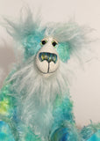 He is made from mohair hand dyed in shades of blue, green, turquoise and lime, His face, the fronts of his ears and the underside of his tail are made from a long, fluffy white faux fur and he has hand dyed velvet paws Sebastian Swoon has beautiful, hand painted eyes with hand coloured eyelids, a splendid nose embroidered from individual threads to complement his colouring and he has a sweet, friendly smile