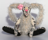 Alice Lovedoddle is a humorous and whimsical one of a kind artist hare or rabbit in printed linen, mohair and faux fur by Barbara Ann Bears