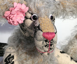 Alice Lovedoddle is a humorous and whimsical one of a kind artist hare or rabbit in printed linen, mohair and faux fur by Barbara Ann Bears