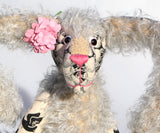Alice Lovedoddle is a humorous and whimsical one of a kind artist hare or rabbit in printed linen, mohair and faux fur by Barbara Ann Bears